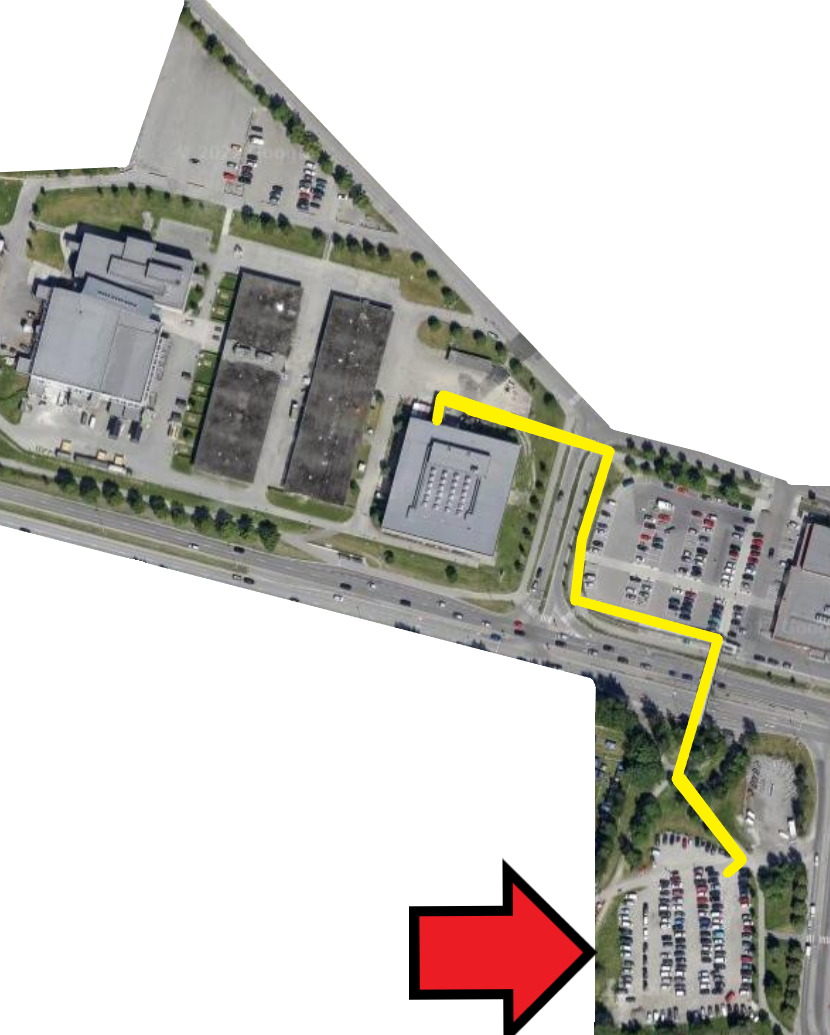 Kart over parkering ved Berskaughallen og gårute til Åssiden vgs - Klikk for stort bilde
