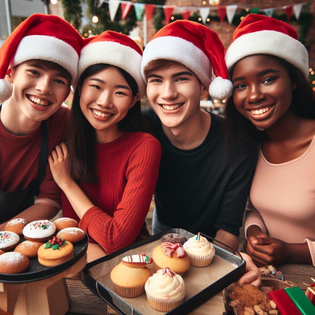 Fire smilende elever som selger julekaker på et julemarked. Bildet er et illustrasjonsbilde laget med kunstig intelligens - Klikk for stort bilde
